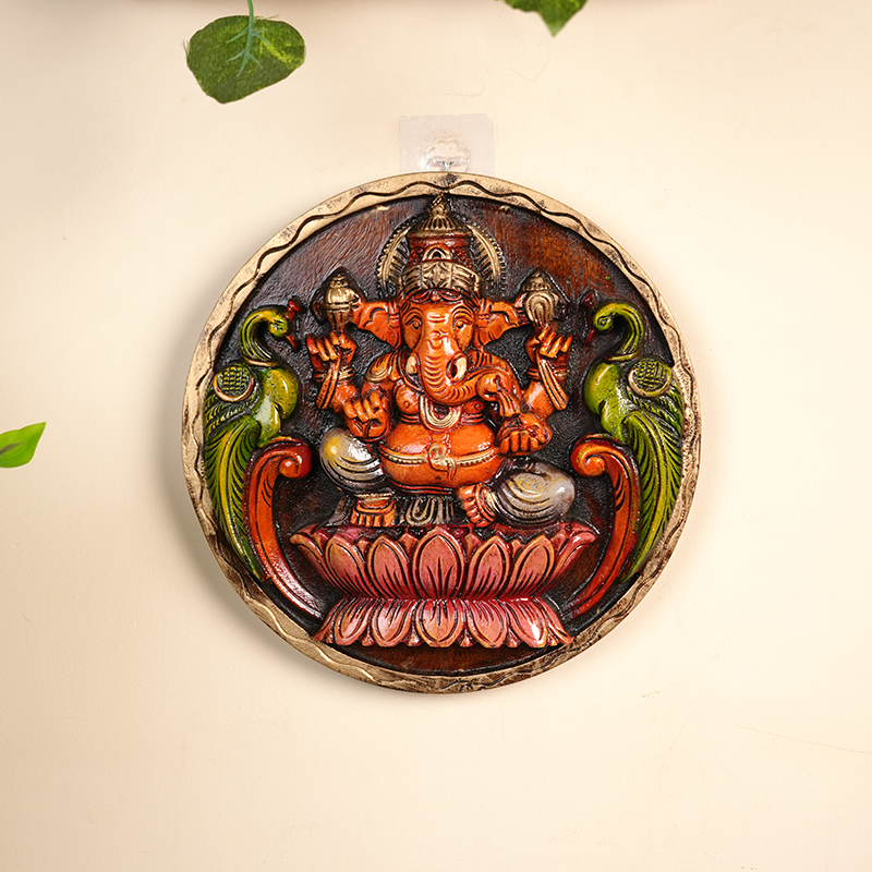 Wooden HandCarved Circular Ganesha WallArt