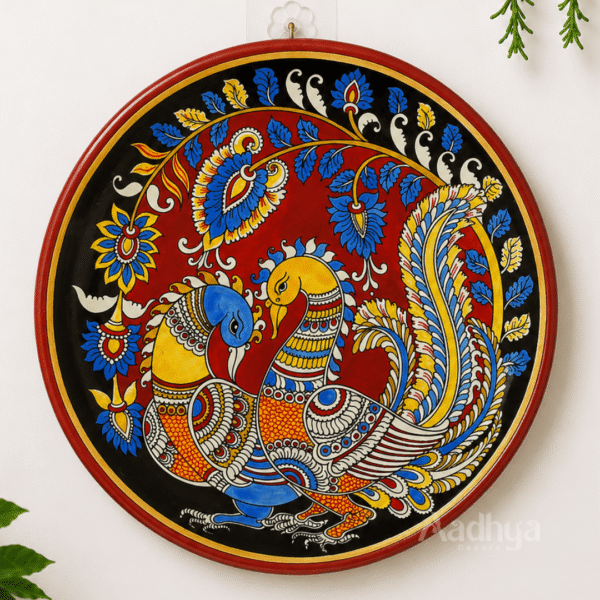 Wooden Hand-Painted Kalamkari Love Birds Wall Plate