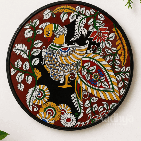 Wooden Hand-Painted Kalamkari Royal Peacock Wall Plate