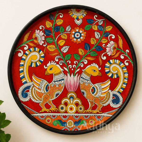 Wooden Hand-Painted Kalamkari Twin Peacock Wall Plate