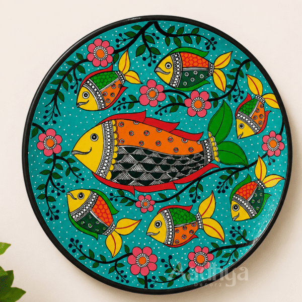Wooden Hand-Painted Madhubani Fish Wall Plate
