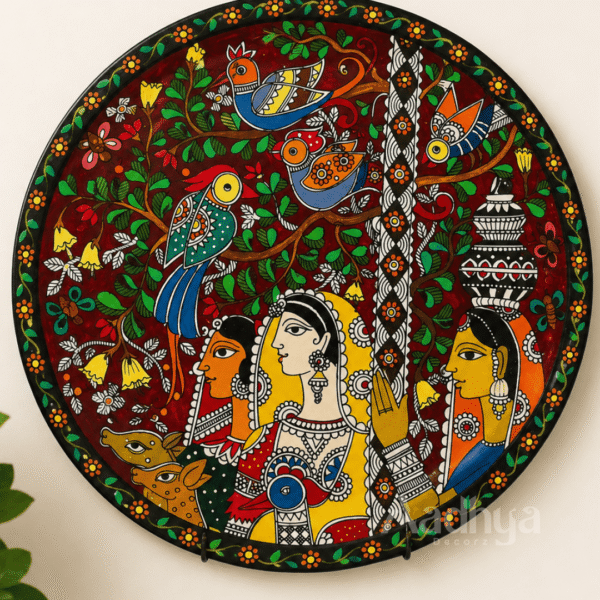 Wooden Hand-Painted Madhubani Royal Women Wall Plate