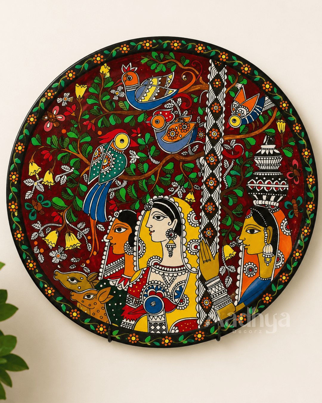 Wooden Hand-Painted Madhubani Royal Women Wall Plate