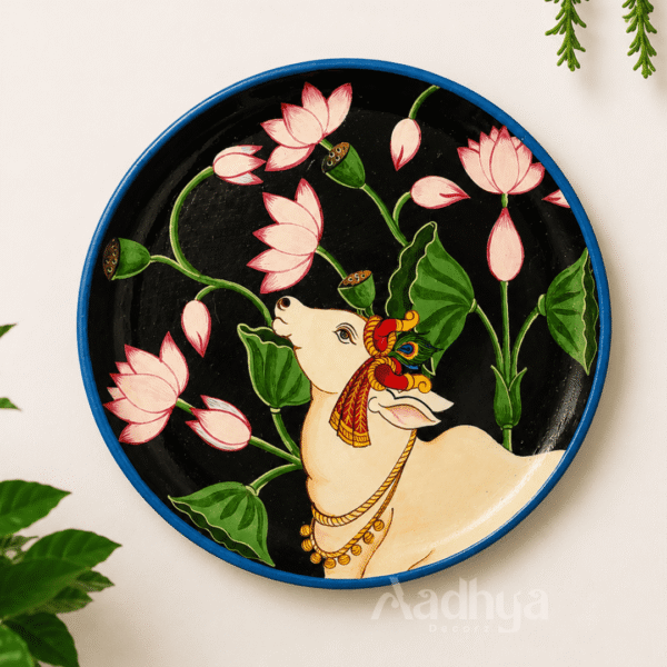 Wooden Hand-Painted Pichwai Kamadhenu Lotus Wall Plate