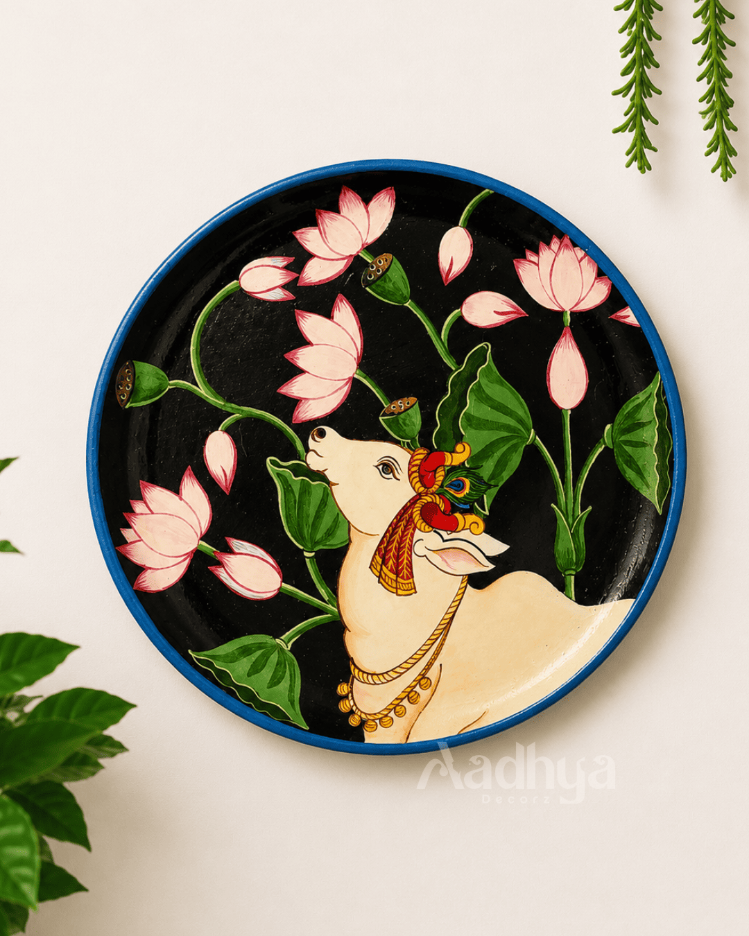 Wooden Hand-Painted Pichwai Kamadhenu Lotus Wall Plate