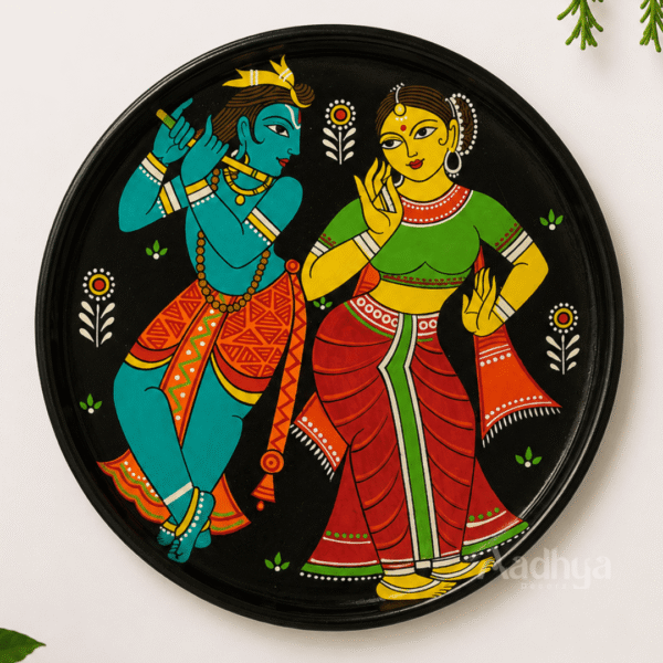 Wooden Hand-Painted Radha Krishna Cheriyal Wall Plate