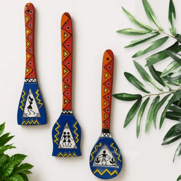 Handpainted Wooden Spatula- Warli Art Blue