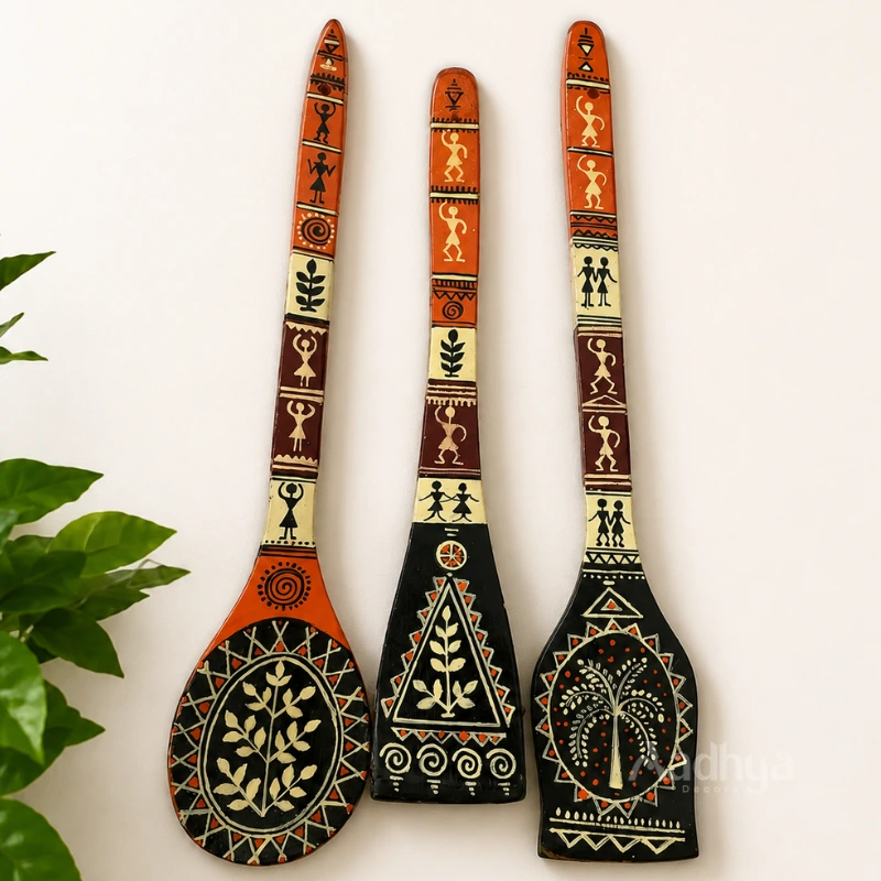 Handpainted Wooden Spatula- Warli Art Black